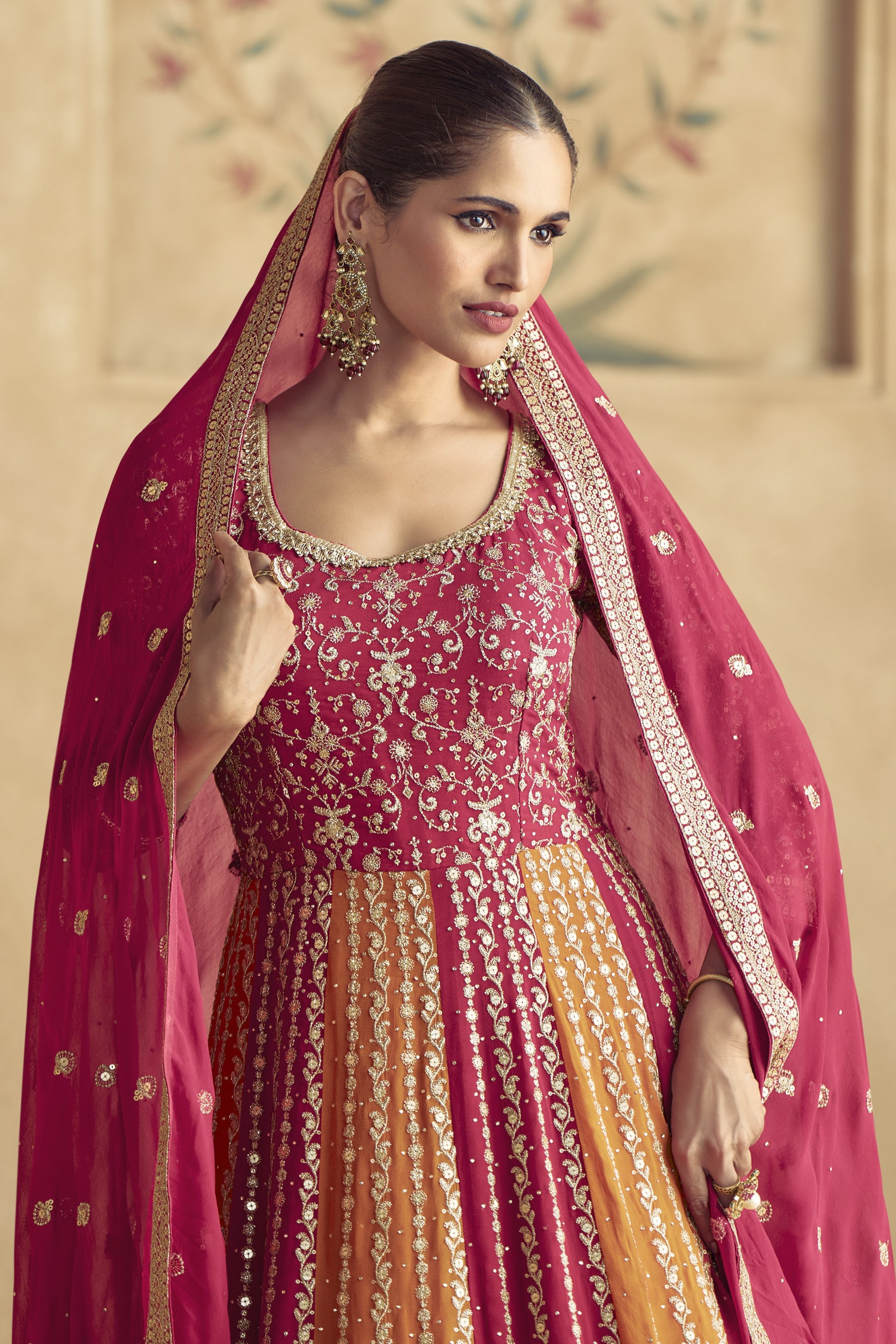 Pink Georgette Floor Full Length Partywear Anarkali Suit For Indian Festival & Pakistani Weddings - Embroidery Work