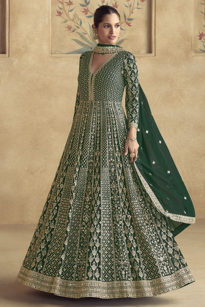 Green Georgette Floor Full Length Partywear Anarkali Suit For Indian Festival & Pakistani Weddings - Embroidery Work