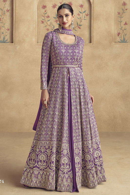 Purple Georgette Floor Full Length Partywear Anarkali Suit For Indian Festival & Pakistani Weddings - Embroidery Work