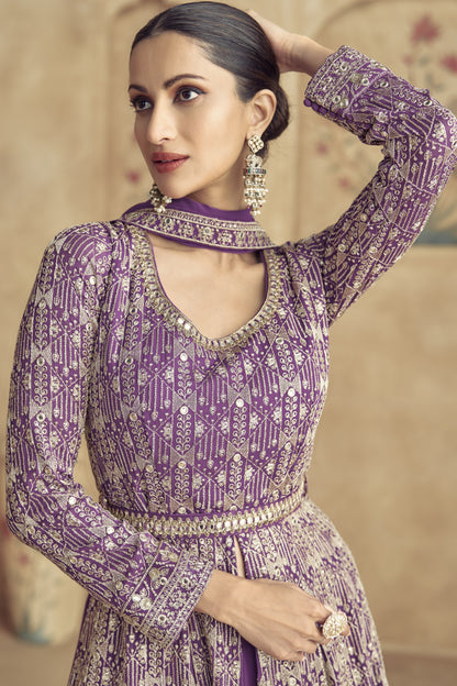 Purple Georgette Floor Full Length Partywear Anarkali Suit For Indian Festival & Pakistani Weddings - Embroidery Work