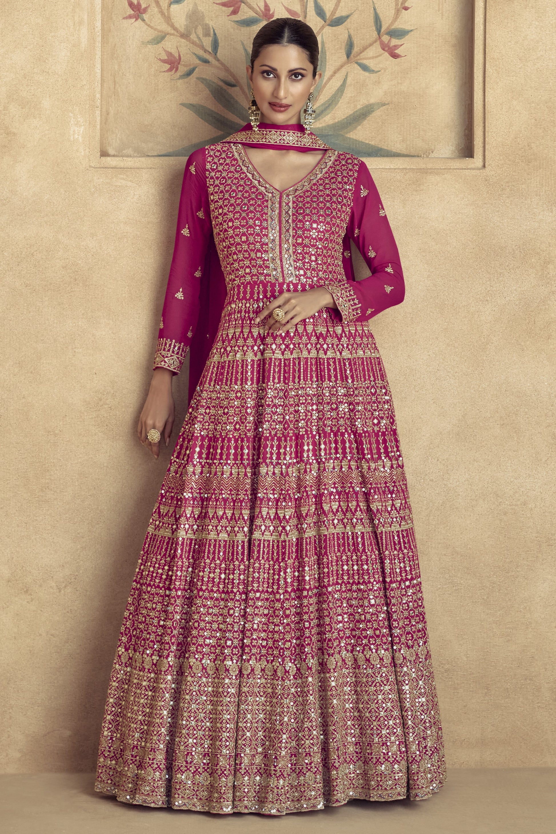 Pink Redish Georgette Floor Full Length Partywear Anarkali Suit For Indian Festival & Pakistani Weddings - Embroidery Work