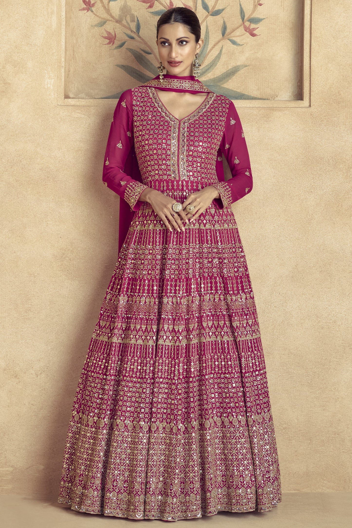 Pink Redish Georgette Floor Full Length Partywear Anarkali Suit For Indian Festival & Pakistani Weddings - Embroidery Work