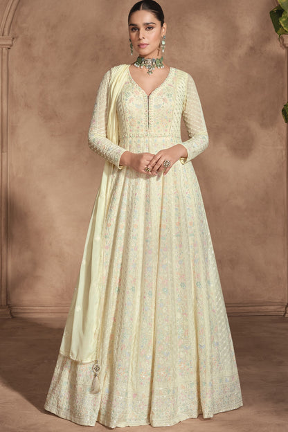 Cream Georgette Floor Full Length Anarkali Suit Dress For Indian Festivals & Weddings - Chikankari Embroidery Work