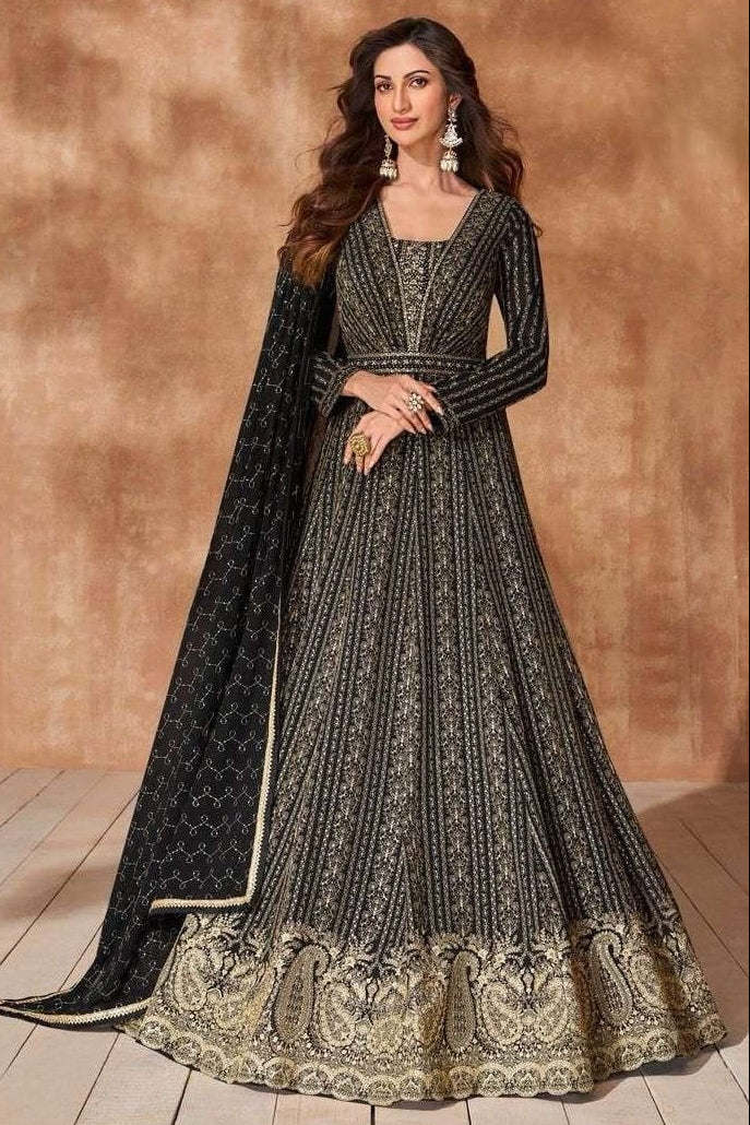 Black Georgette Anarkali Suit For Indian & Pakistani Wedding Festival - Embroidery Work