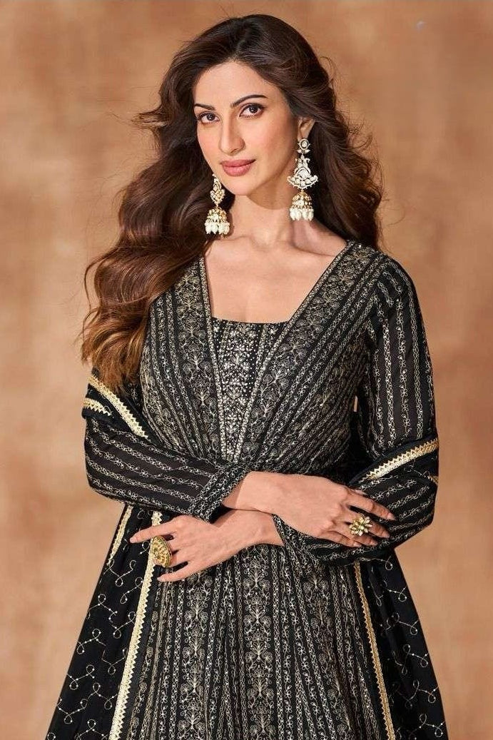 Black Georgette Anarkali Suit For Indian & Pakistani Wedding Festival - Embroidery Work