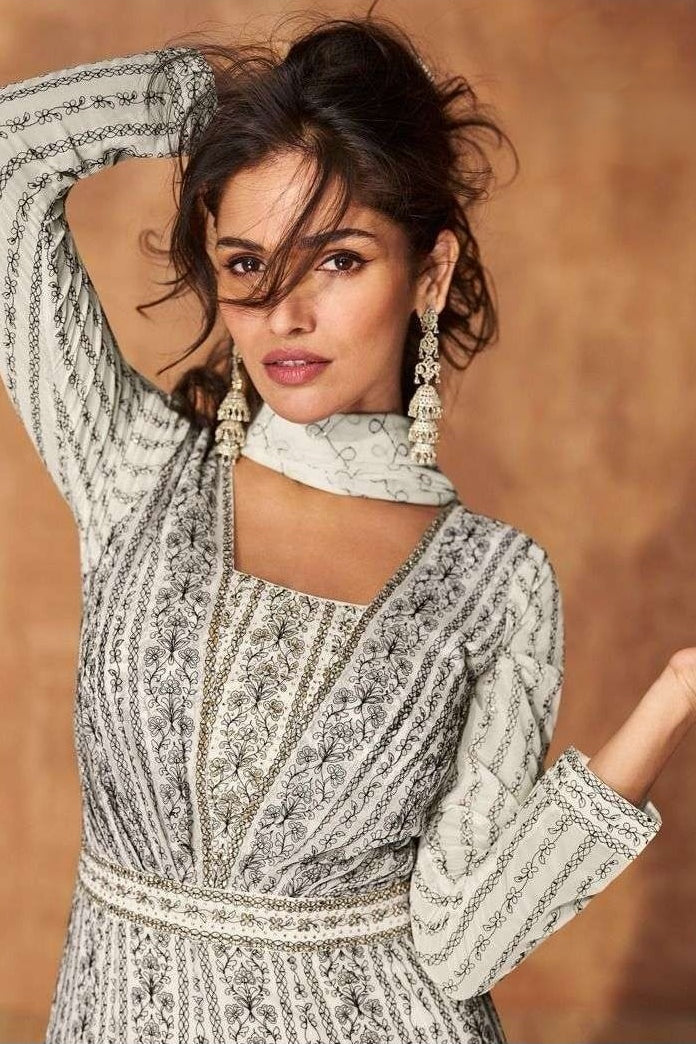 White Georgette Anarkali Suit For Indian & Pakistani Wedding Festival - Embroidery Work