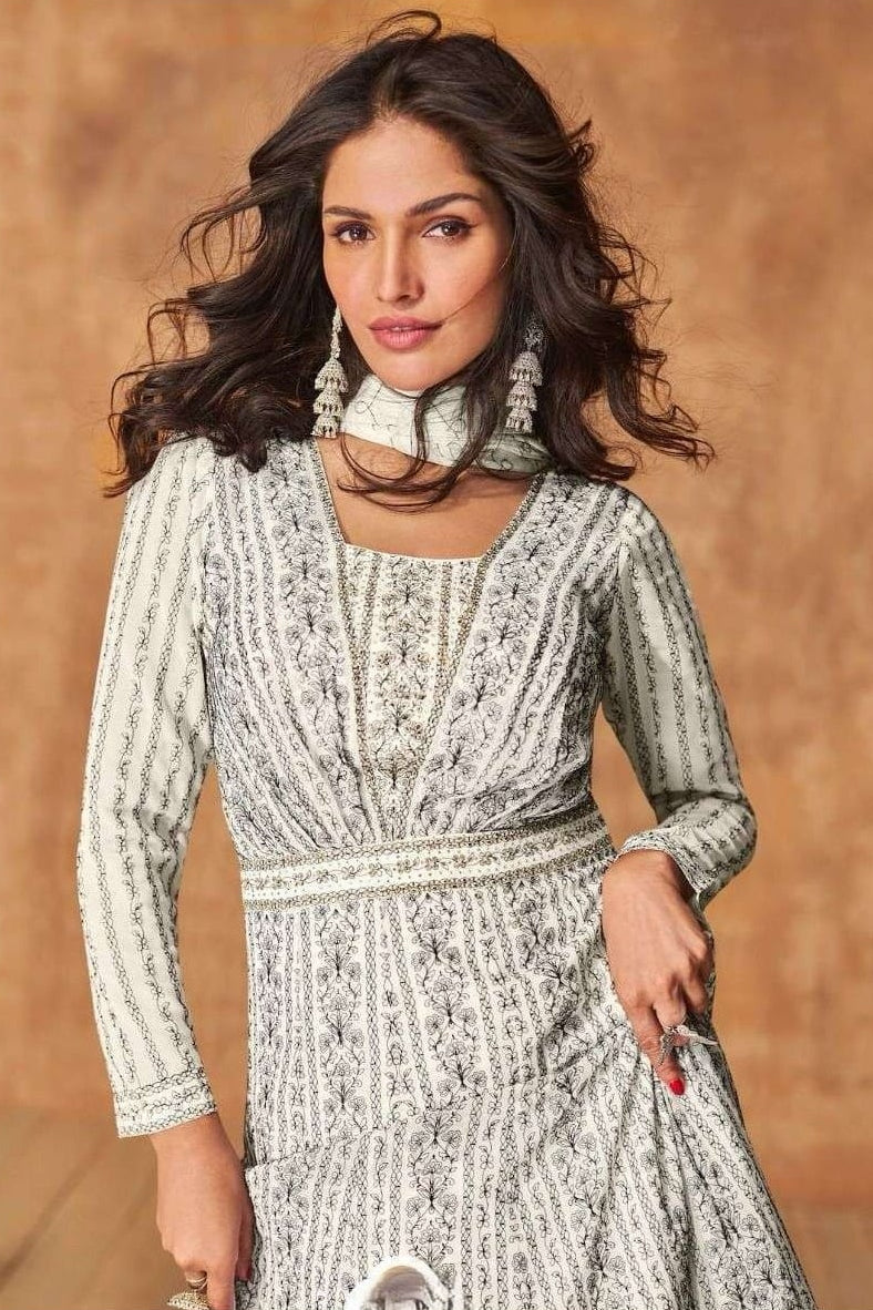 White Georgette Anarkali Suit For Indian & Pakistani Wedding Festival - Embroidery Work