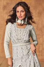 White Georgette Anarkali Suit For Indian & Pakistani Wedding Festival - Embroidery Work