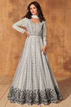White Georgette Anarkali Suit For Indian & Pakistani Wedding Festival - Embroidery Work