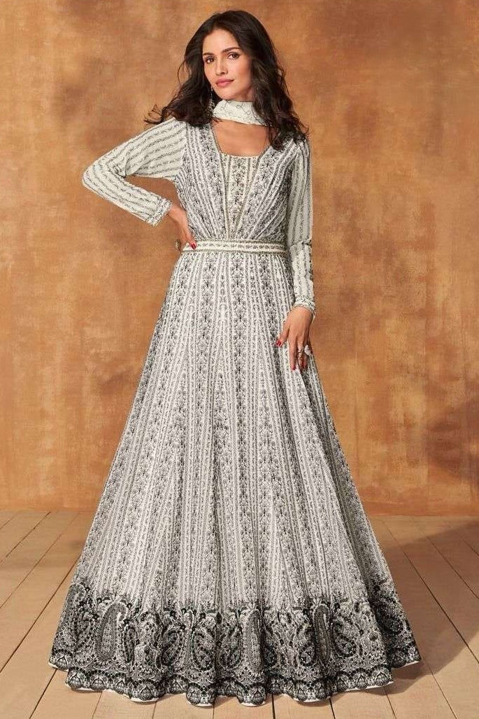 White Georgette Anarkali Suit For Indian & Pakistani Wedding Festival - Embroidery Work