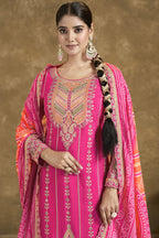 Pink Chinon Silk Kameez with Pant For Indian Festivals & Weddings - Embroidery Work, Print Work, Mirror Work