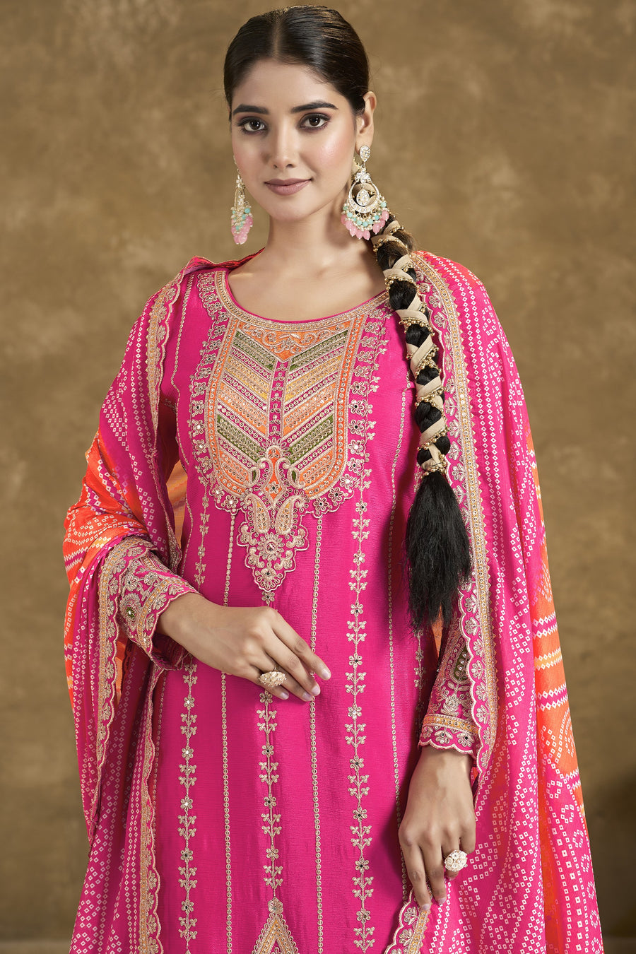 Pink Chinon Silk Kameez with Pant For Indian Festivals & Weddings - Embroidery Work, Print Work, Mirror Work