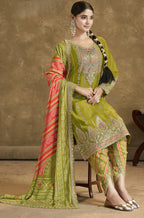 Olive Chinon Silk Kameez with Pant For Indian Festivals & Weddings - Embroidery Work, Print Work, Mirror Work