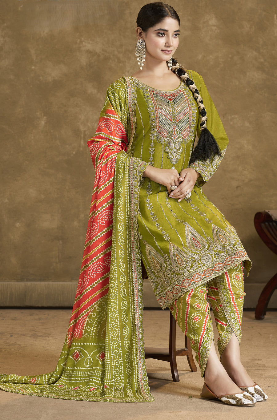 Olive Chinon Silk Kameez with Pant For Indian Festivals & Weddings - Embroidery Work, Print Work, Mirror Work