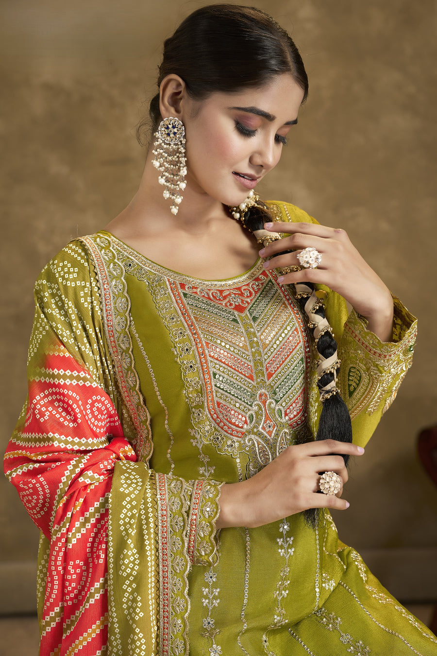 Olive Chinon Silk Kameez with Pant For Indian Festivals & Weddings - Embroidery Work, Print Work, Mirror Work