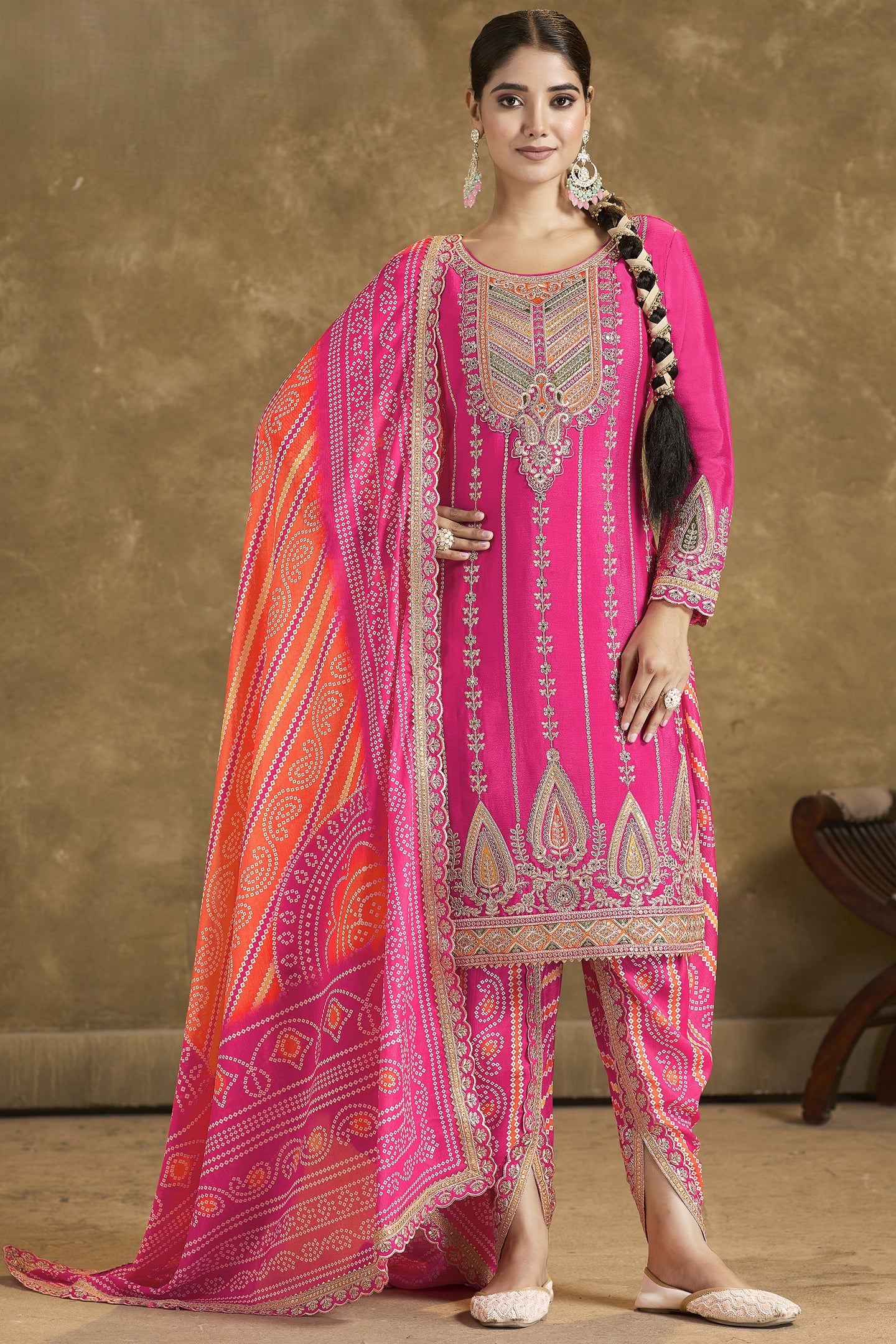 Pink Chinon Silk Kameez with Pant For Indian Festivals & Weddings - Embroidery Work, Print Work, Mirror Work
