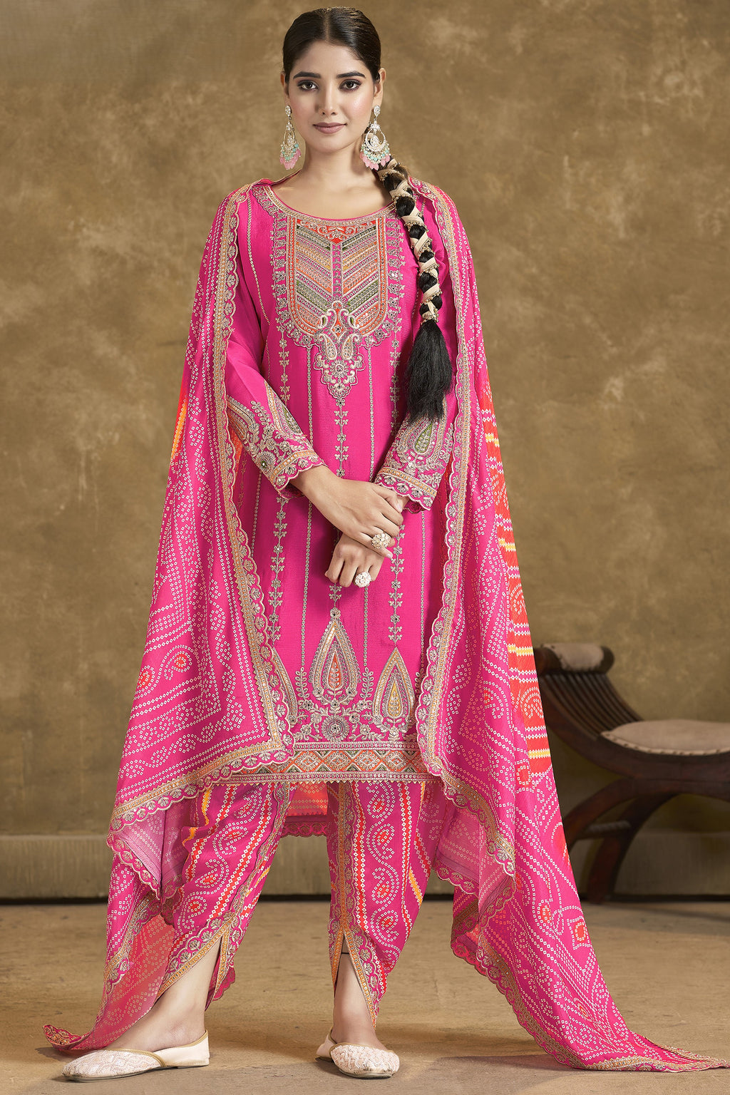 Pink Chinon Silk Kameez with Pant For Indian Festivals & Weddings - Embroidery Work, Print Work, Mirror Work