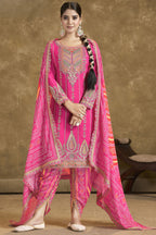 Pink Chinon Silk Kameez with Pant For Indian Festivals & Weddings - Embroidery Work, Print Work, Mirror Work