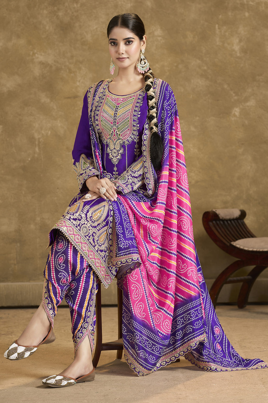 Dark Blue Chinon Silk Kameez with Pant For Indian Festivals & Weddings - Embroidery Work, Print Work, Mirror Work