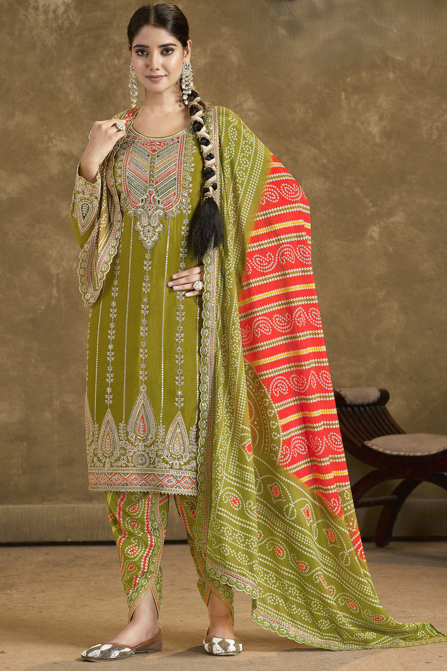 Olive Chinon Silk Kameez with Pant For Indian Festivals & Weddings - Embroidery Work, Print Work, Mirror Work