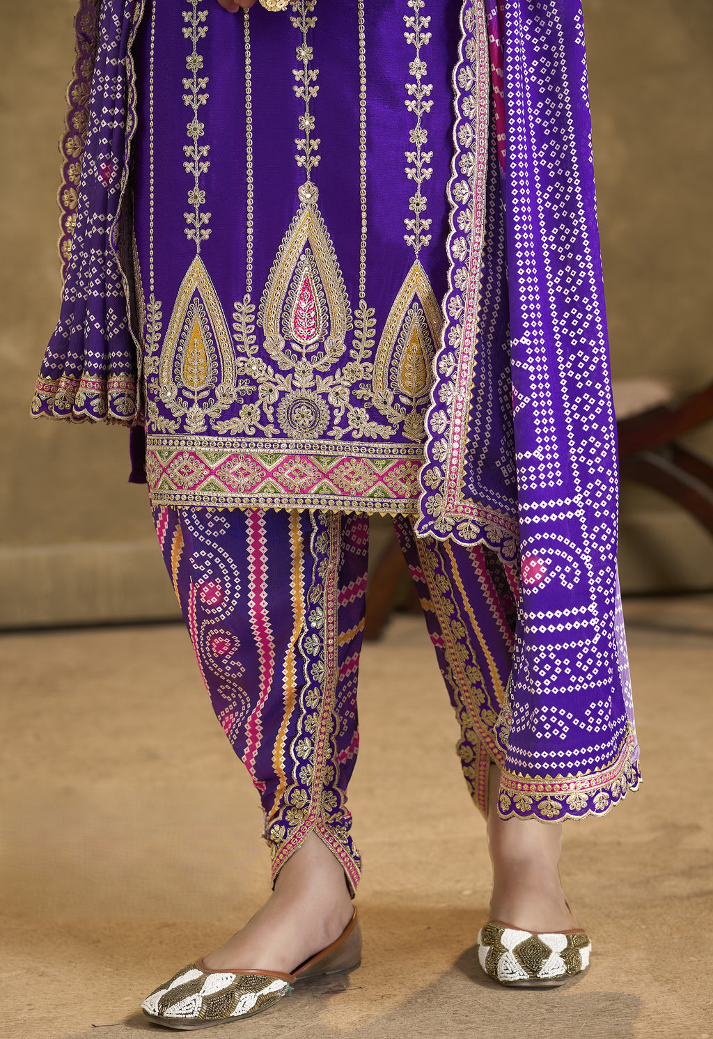 Dark Blue Chinon Silk Kameez with Pant For Indian Festivals & Weddings - Embroidery Work, Print Work, Mirror Work