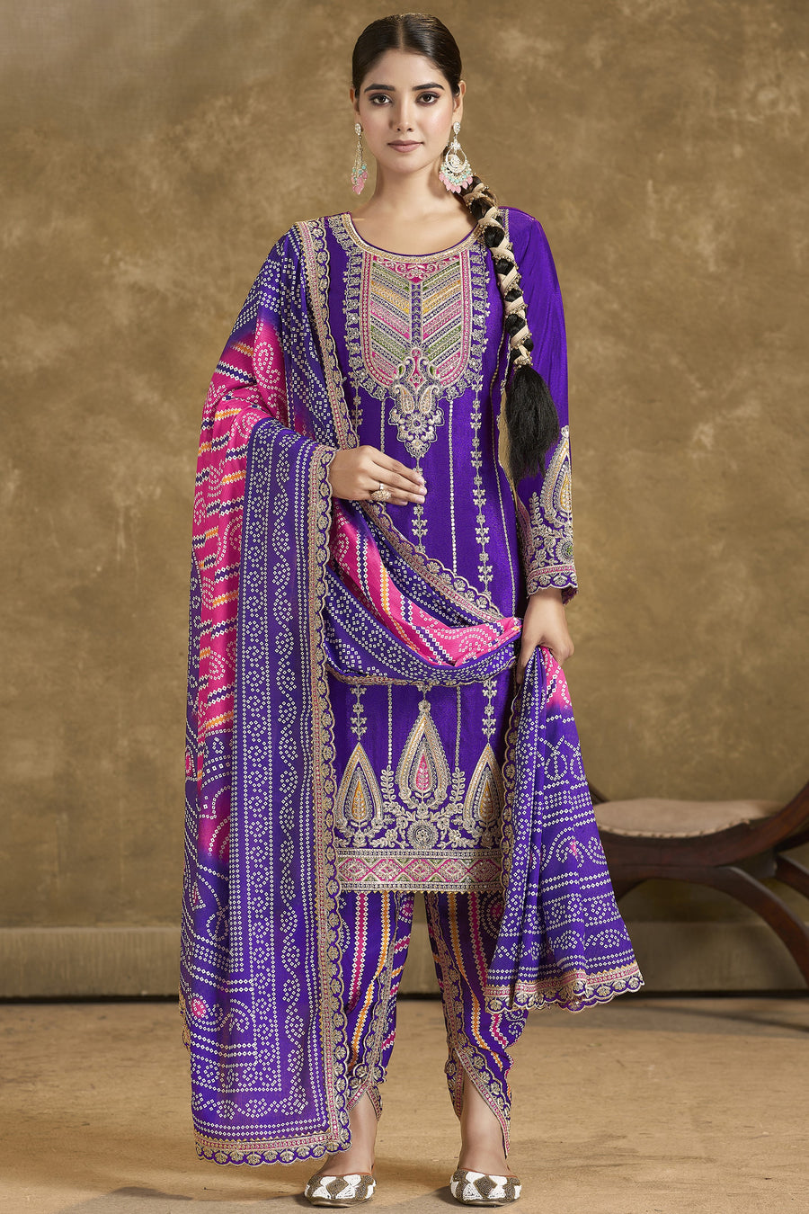 Dark Blue Chinon Silk Kameez with Pant For Indian Festivals & Weddings - Embroidery Work, Print Work, Mirror Work