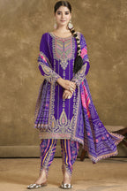 Dark Blue Chinon Silk Kameez with Pant For Indian Festivals & Weddings - Embroidery Work, Print Work, Mirror Work