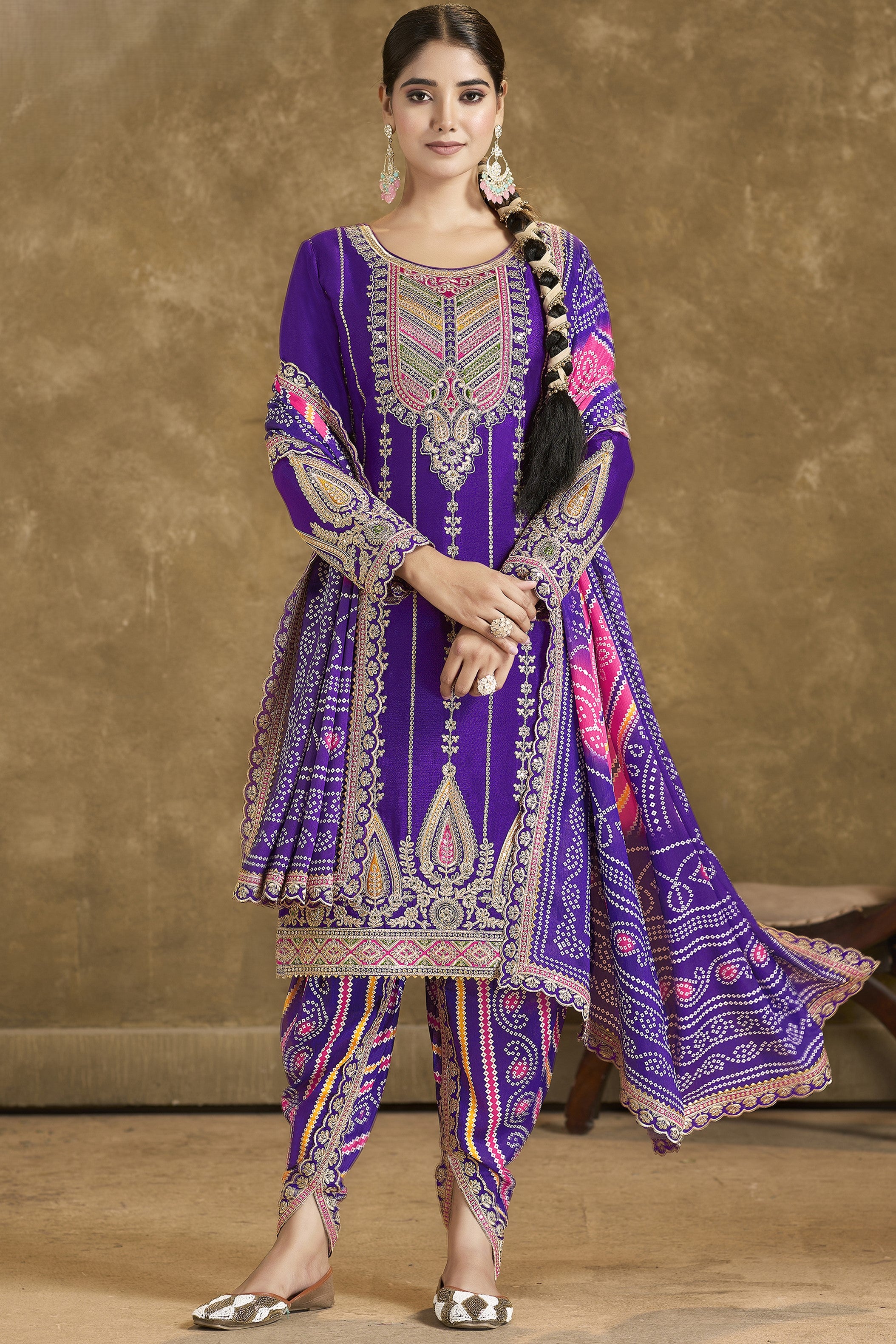 Dark Blue Chinon Silk Kameez with Pant For Indian Festivals & Weddings - Embroidery Work, Print Work, Mirror Work