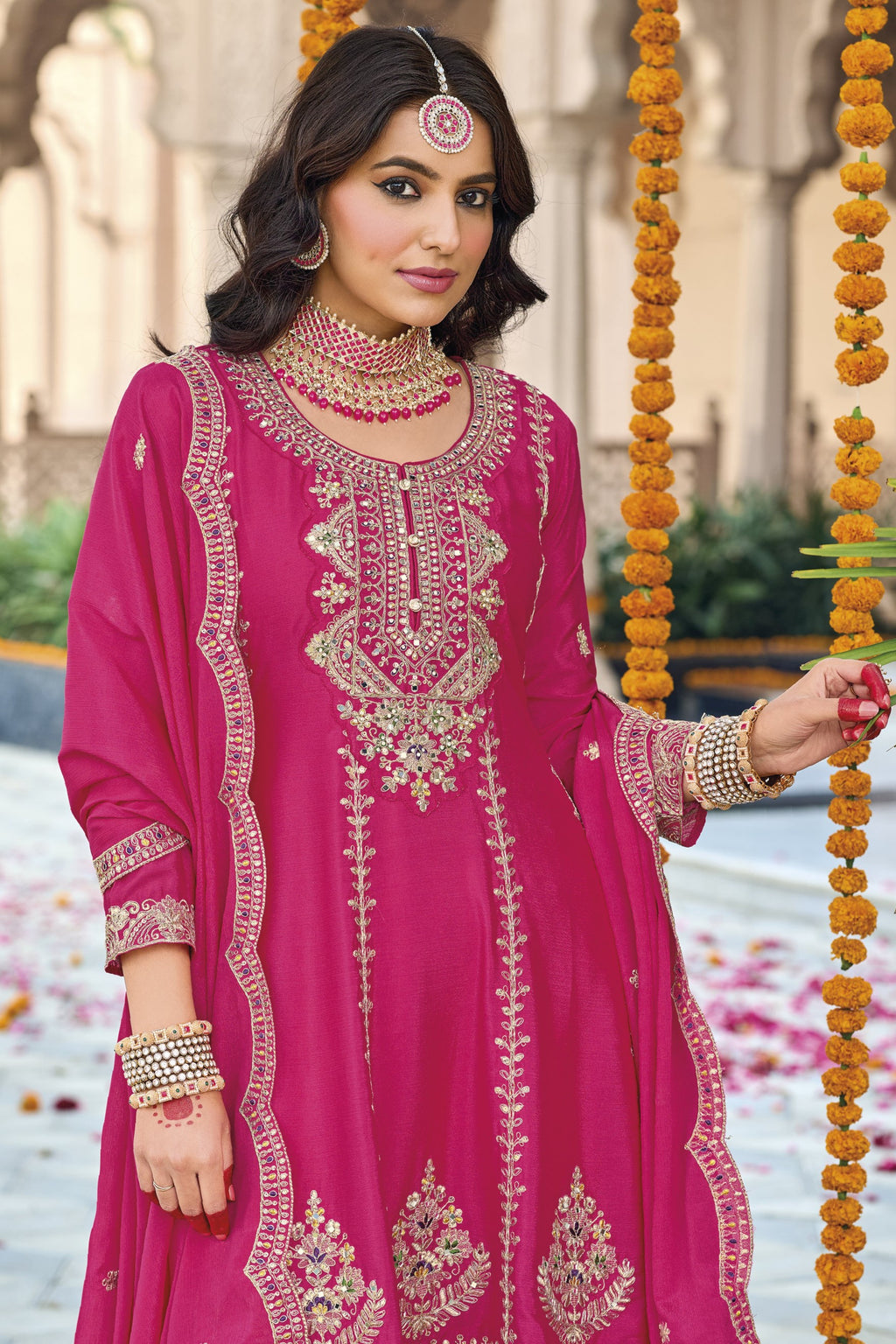 Pink Chinon Silk Kameez With Pant For Indian & Pakistani Wedding Festival - Thread & Sequins Embroidery Work, Real Mirror Work
