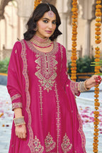 Pink Chinon Silk Kameez With Pant For Indian & Pakistani Wedding Festival - Thread & Sequins Embroidery Work, Real Mirror Work