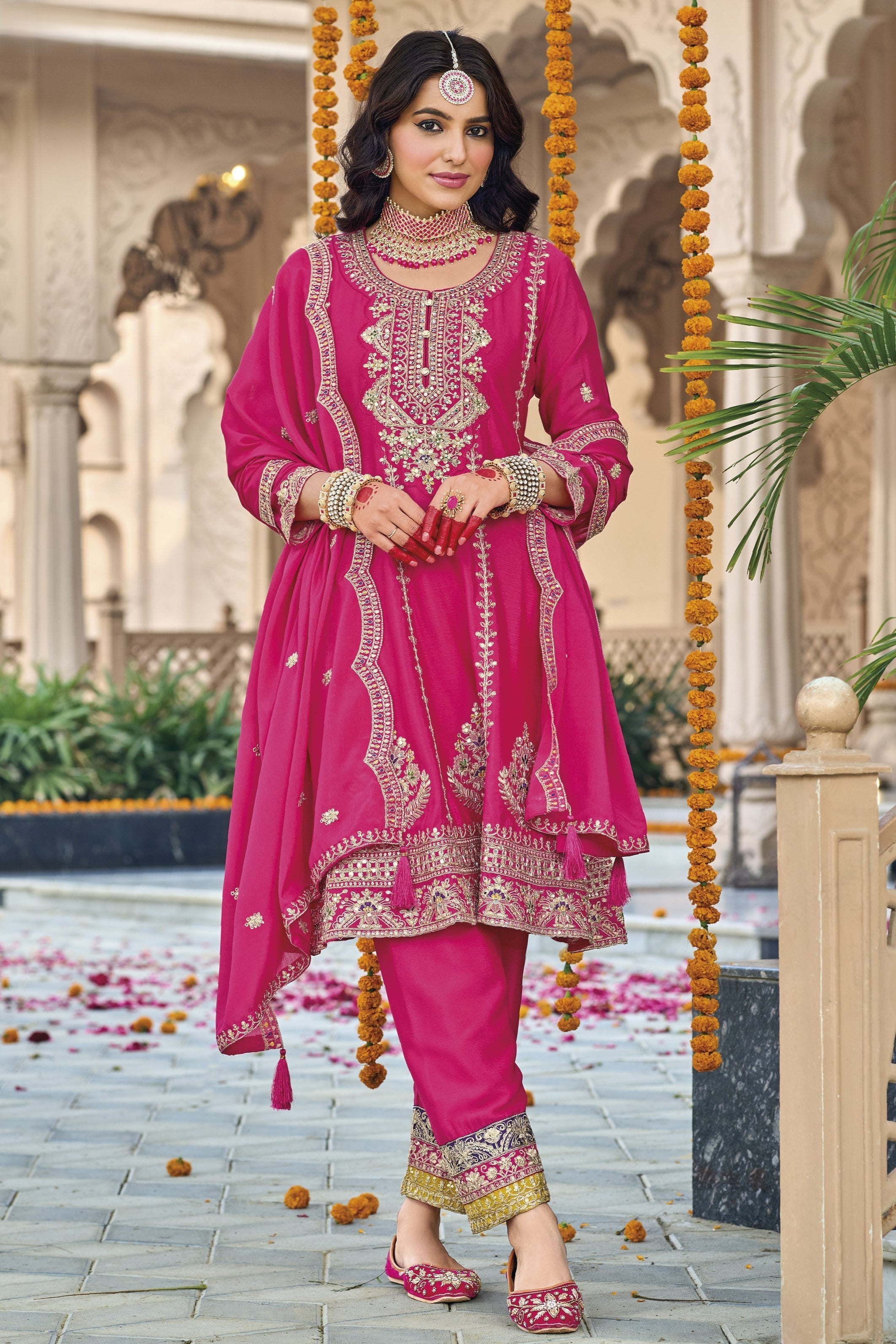 Pink Chinon Silk Kameez With Pant For Indian & Pakistani Wedding Festival - Thread & Sequins Embroidery Work, Real Mirror Work