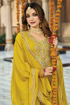 Yellow Chinon Silk Kameez With Pant For Indian & Pakistani Wedding Festival - Thread & Sequins Embroidery Work, Real Mirror Work