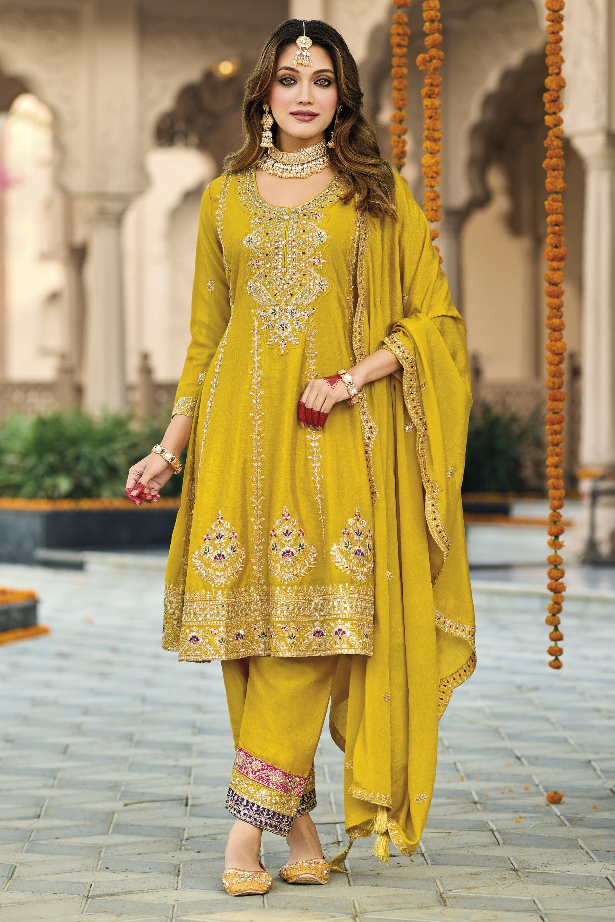 Yellow Chinon Silk Kameez With Pant For Indian & Pakistani Wedding Festival - Thread & Sequins Embroidery Work, Real Mirror Work