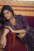 Purple Chinon Silk Lehenga Choli with Koti Jacket For Indian Festivals & Pakistani Weddings - Thread Embroidery Work, Sequence Embroidery Work