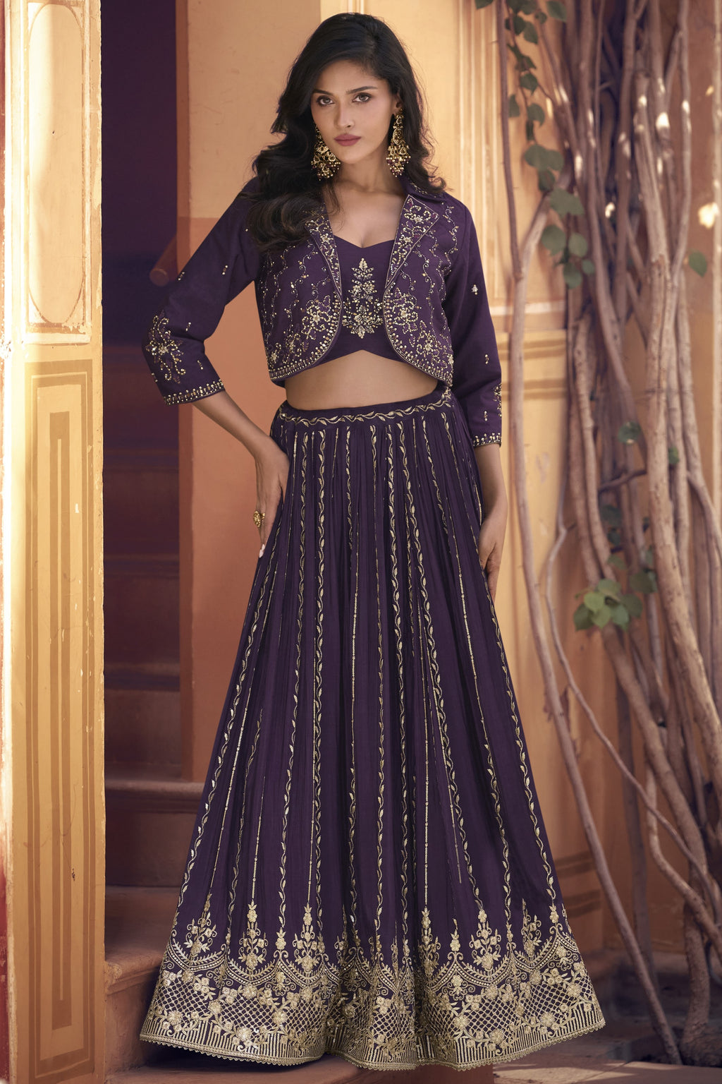 Purple Chinon Silk Lehenga Choli with Koti Jacket For Indian Festivals & Pakistani Weddings - Thread Embroidery Work, Sequence Embroidery Work