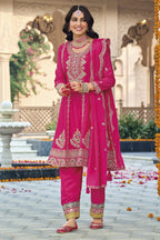 Pink Chinon Silk Kameez With Pant For Indian & Pakistani Wedding Festival - Thread & Sequins Embroidery Work, Real Mirror Work