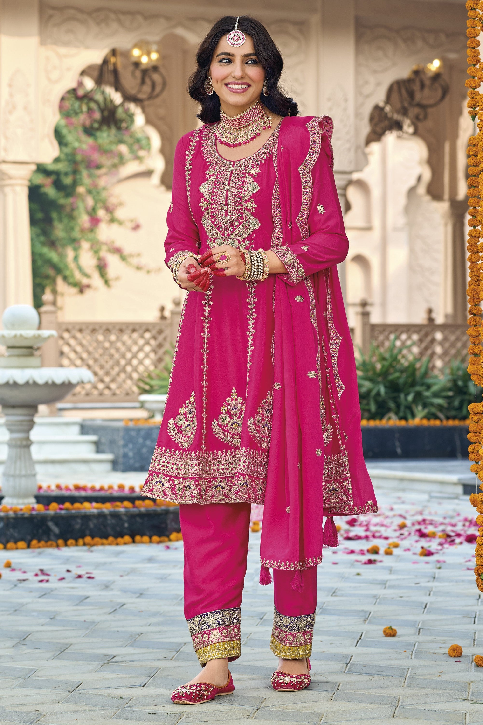 Pink Chinon Silk Kameez With Pant For Indian & Pakistani Wedding Festival - Thread & Sequins Embroidery Work, Real Mirror Work