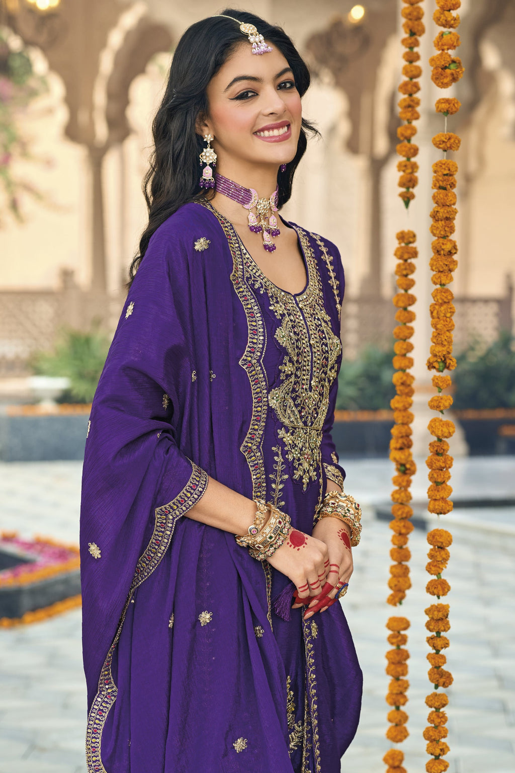 Purple Chinon Silk Kameez With Pant For Indian & Pakistani Wedding Festival - Thread & Sequins Embroidery Work, Real Mirror Work
