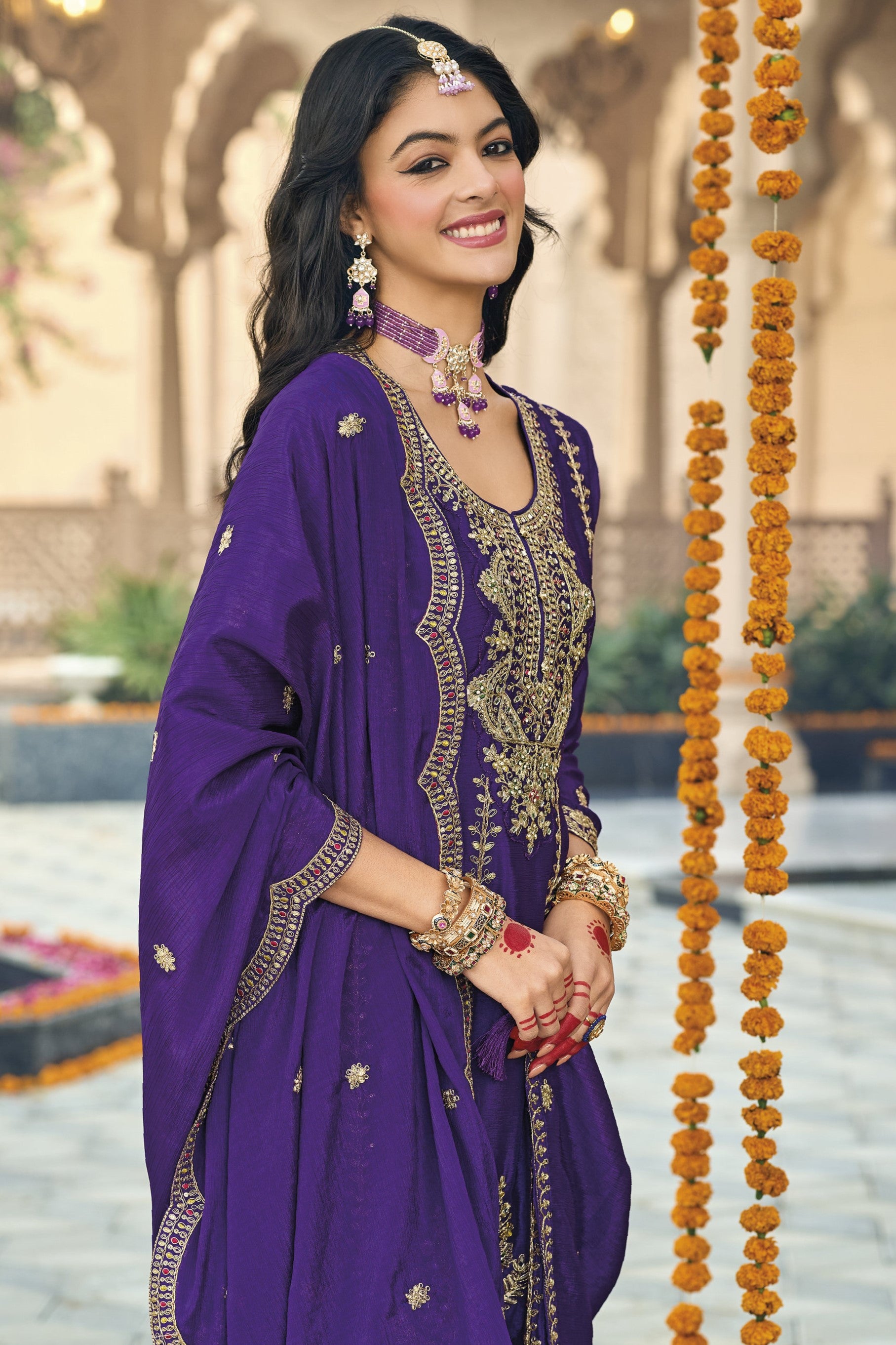 Purple Chinon Silk Kameez With Pant For Indian & Pakistani Wedding Festival - Thread & Sequins Embroidery Work, Real Mirror Work