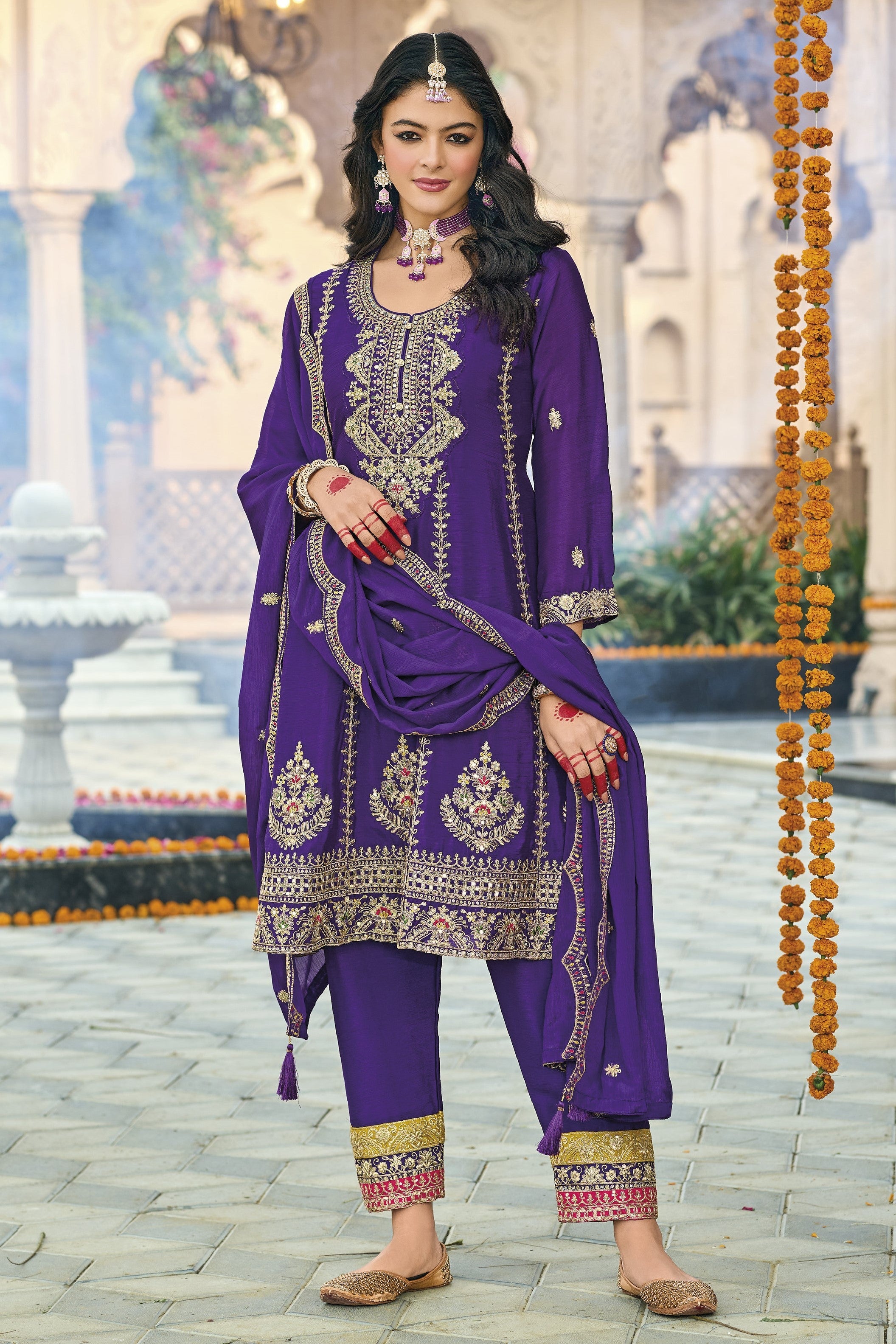 Purple Chinon Silk Kameez With Pant For Indian & Pakistani Wedding Festival - Thread & Sequins Embroidery Work, Real Mirror Work