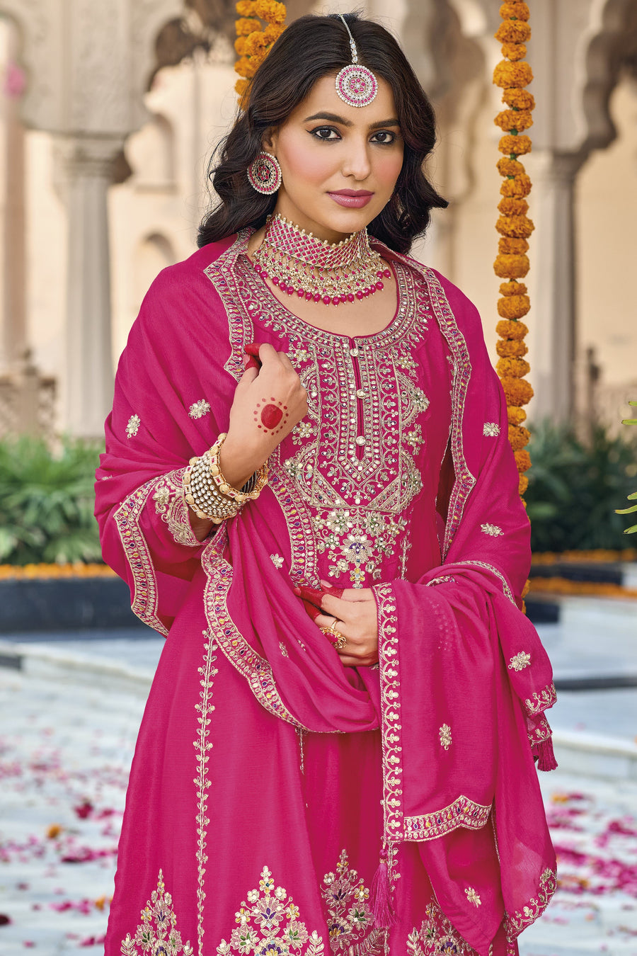 Pink Chinon Silk Kameez With Pant For Indian & Pakistani Wedding Festival - Thread & Sequins Embroidery Work, Real Mirror Work