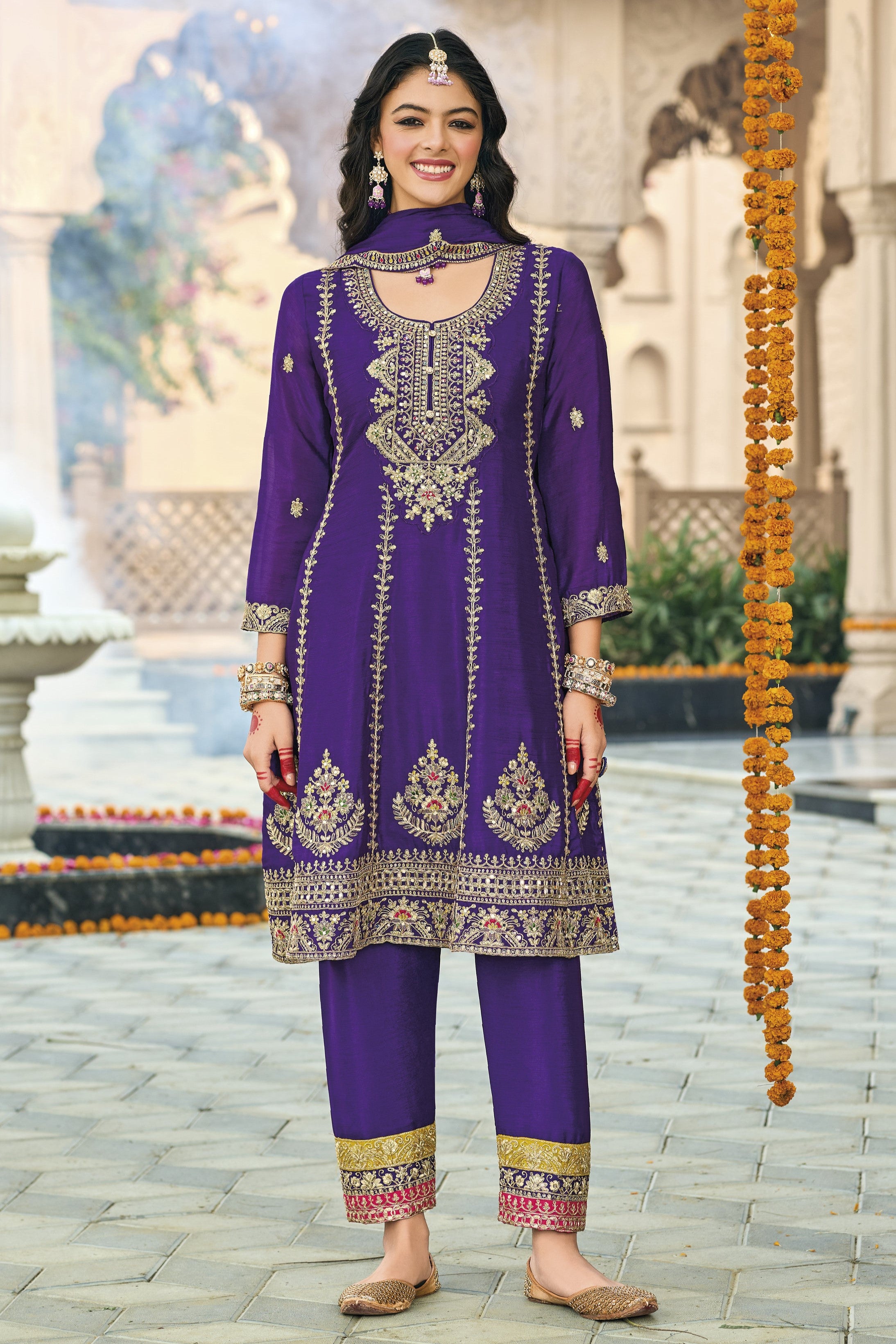 Purple Chinon Silk Kameez With Pant For Indian & Pakistani Wedding Festival - Thread & Sequins Embroidery Work, Real Mirror Work