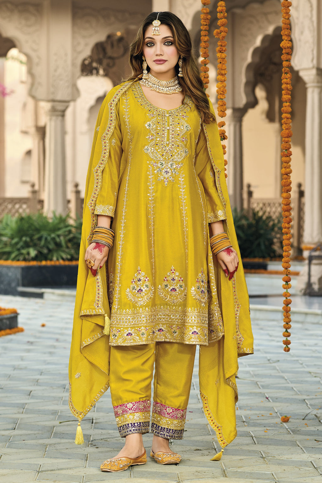 Yellow Chinon Silk Kameez With Pant For Indian & Pakistani Wedding Festival - Thread & Sequins Embroidery Work, Real Mirror Work