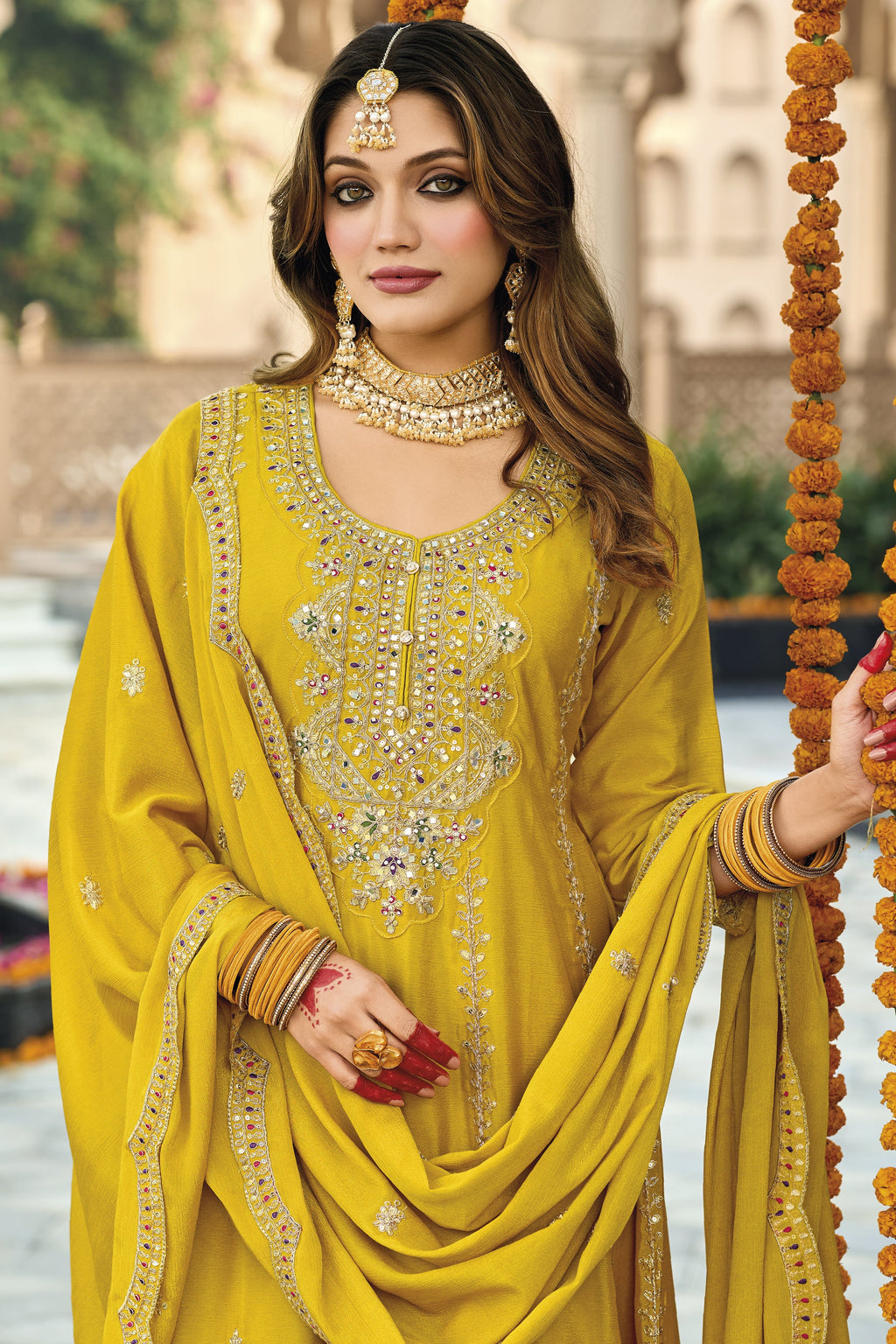 Yellow Chinon Silk Kameez With Pant For Indian & Pakistani Wedding Festival - Thread & Sequins Embroidery Work, Real Mirror Work