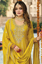Yellow Chinon Silk Kameez With Pant For Indian & Pakistani Wedding Festival - Thread & Sequins Embroidery Work, Real Mirror Work
