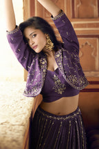Purple Chinon Silk Lehenga Choli with Koti Jacket For Indian Festivals & Pakistani Weddings - Thread Embroidery Work, Sequence Embroidery Work