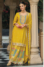 Yellow Chinon Silk Plazo Suit For Indian & Pakistani Wedding Festival - Embroidery Work