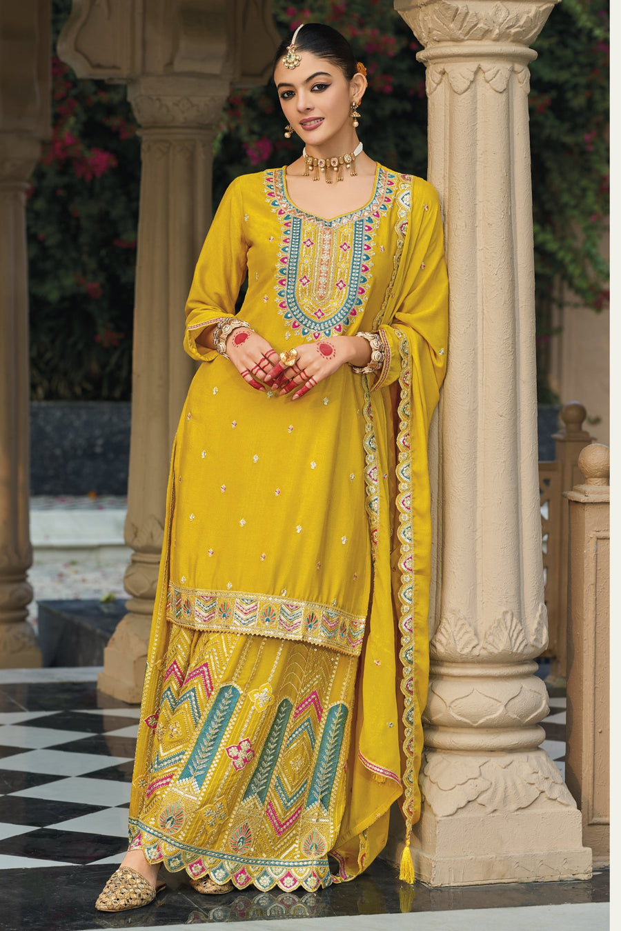 Yellow Chinon Silk Plazo Suit For Indian & Pakistani Wedding Festival - Embroidery Work