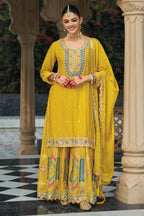Yellow Chinon Silk Plazo Suit For Indian & Pakistani Wedding Festival - Embroidery Work