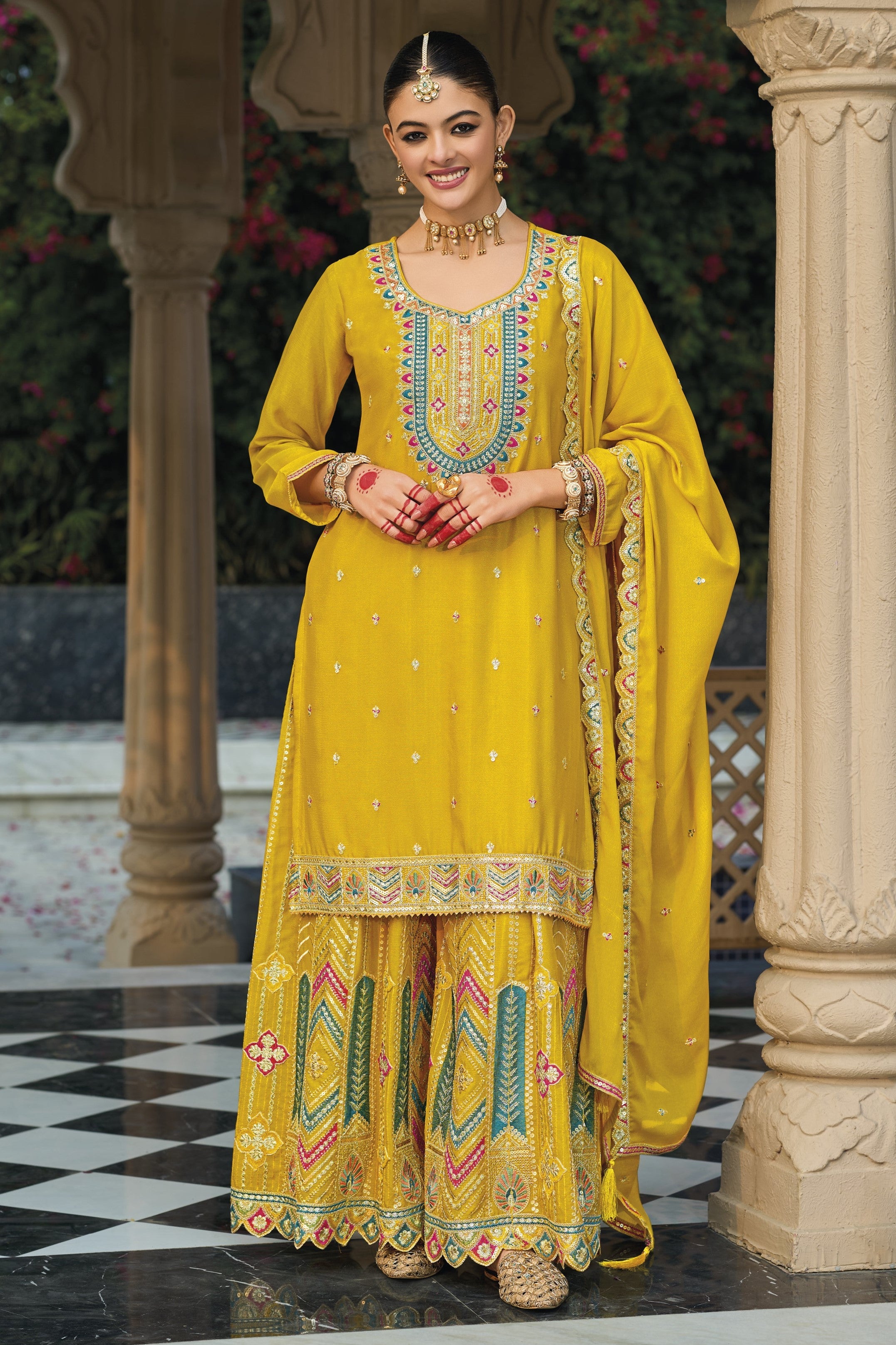 Yellow Chinon Silk Plazo Suit For Indian & Pakistani Wedding Festival - Embroidery Work